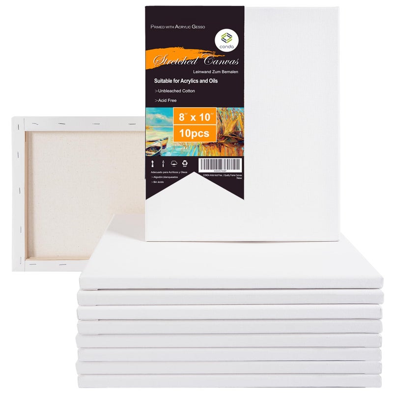 conda 8x10 inch Stretched Canvas for Painting  Pack of 10  100% Cotton  5/8 in Profile Blank Stretched Canvas Value Bulk Pack Art White Canvas for Acrylics  Oils Painting - Image 1